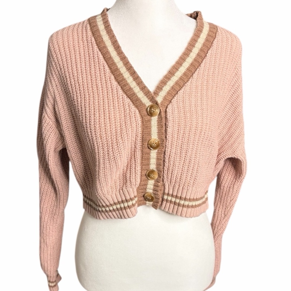 Full Tilt Pink and Brown Button-Up Cardigan
